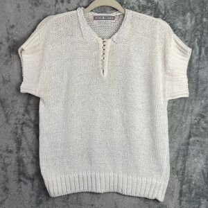 Vtg Adam French Knit Top Sweater Womens L Ivory Lace Collar Pearl Button Cottage